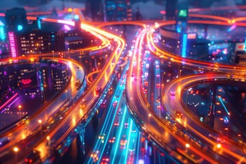 Fototapeta premium A cityscape with a street light and highway with cars driving