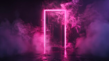 Isolated Neon Door Illuminated with Pink and Purple Smoke