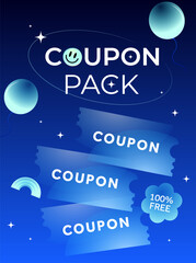 Pack of cute 3d transparent coupons, isolated on blue sky with moon background. Coupon pack giveaway banner template. Special discount voucher deal and price off event. 3d Vector illustration. Vector