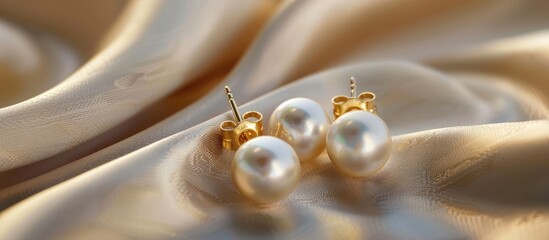 Obraz premium Pearl earrings with golden fittings on shiny beige silk background. Beautiful accessories for women. Elegant jewelery gift or present for wedding or saint valentine's day. Copy space image