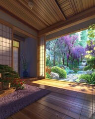 Fototapeta premium Shoji door leading to an indoor zen garden, bamboo flooring and wooden ceiling creating a peaceful retreat, side view, modern zen living area, scifi tone, Triadic Color Scheme