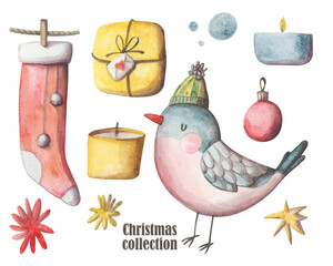 Cozy autumn elements hand painted set. Cold weather clipart collection