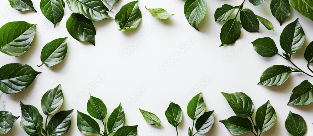 Wall mural green leaves frame on white background. flat lay. copy space image. place for adding text and design