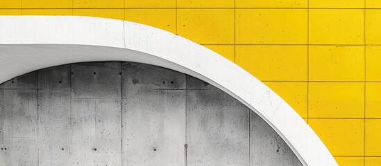 Obraz premium A false arch in white and yellow color palette on a gray cement wall, architectural detail vertical background. Copy space image. Place for adding text and design