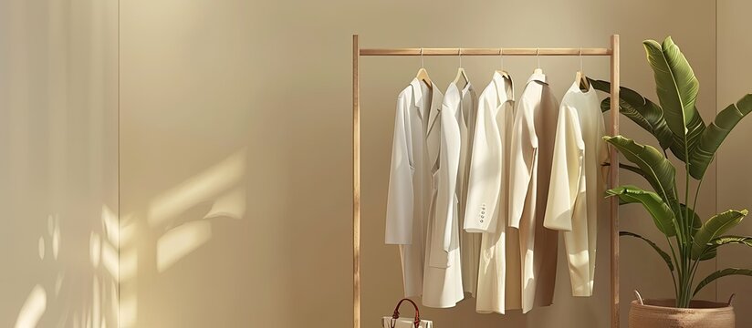 Collection of clothes hanging on rack in dressing room. Copy space image. Place for adding text or design