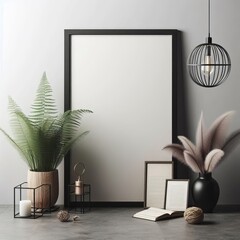 Black wooden frame poster mockup standing on the floor, 3d render illustrations vector generative ai 