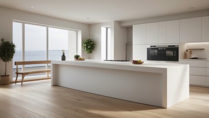 Interior home of modern kitchen with island bar and white counter on white wall