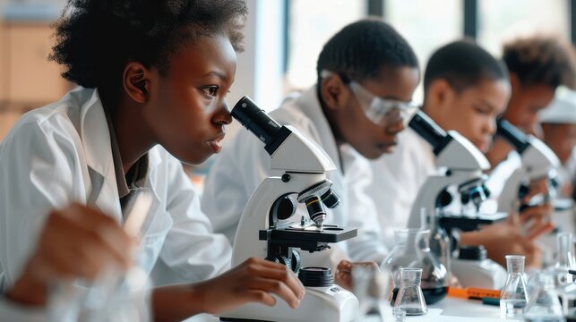 Students examine samples under microscopes