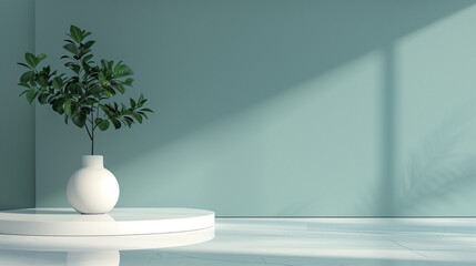 Product stand mockup, pedestal, indoor space, empty room 