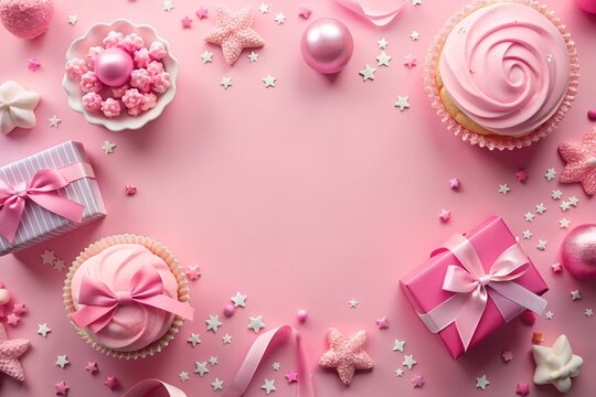 Pink party background with space for copy. Cupcakes, gifts, confetti, sweets, pink style. Birthday, valentine's day, bachelorette party.
