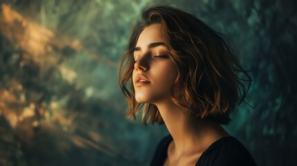 Portrait of a beautiful young woman with short brown hair and light makeup, she has her eyes closed and her head tilted slightly to the right. - Powered by Adobe
