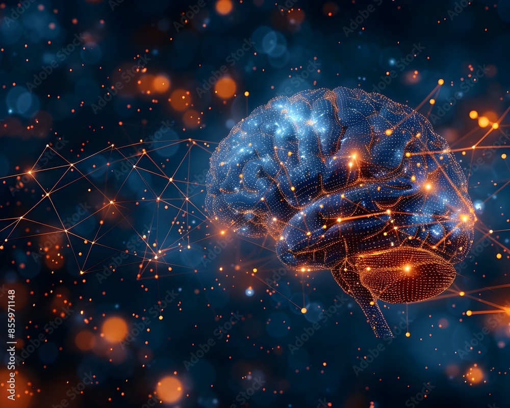Poster illuminated brain with neural pathways illustrating thought processes and cognitive activity
