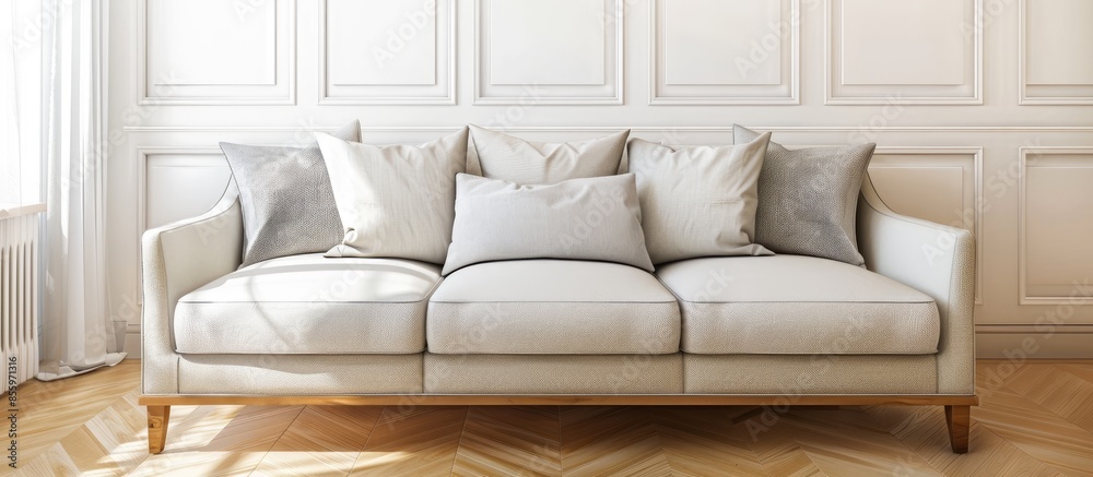 Poster couch with pillows in light room. copy space image. place for adding text and design