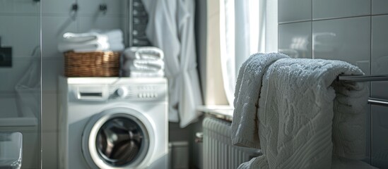 Fototapeta premium Bathroom interior with towels and washing machine. Copy space image. Place for adding text and design