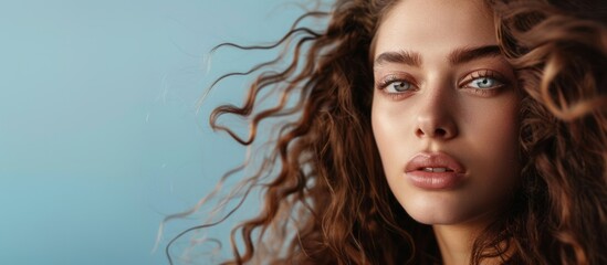Naklejka premium Close-up of the face of a girl with brown hair. The concept of improving the appearance of hair, revealing femininity and attractiveness, and developing the hairdressing business.