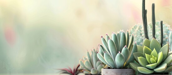 Fototapeta premium Decor with succulent plants in pot outdoor. Potted cactus house plants. Copy space image. Place for adding text and design