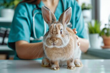 Obraz premium The hands of a veterinarian examine a rabbit lying on a table in a clinic. The concept for the development of veterinary clinics and animal treatment.