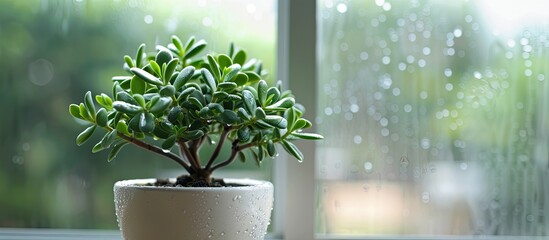 Crassula ovata, known as lucky plant or money tree in a white pot in front of a window on a rainy...