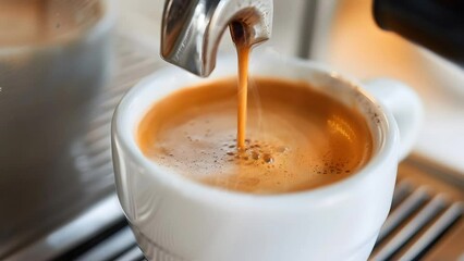 Smooth espresso shot poured into a transparent glass cup. Aromatic coffee experience