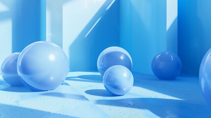 A modern abstract background featuring blue spheres of various sizes on a textured surface with soft lighting and geometric shadows.