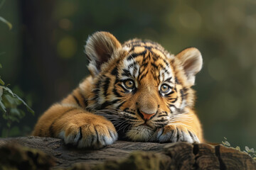 Close up portrait of a Bengal tiger cub looking at the camera. The concept of studying this type of wild animal.
