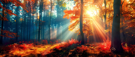Fototapeta premium Vibrant autumn forest with colorful foliage, sunlight filtering through