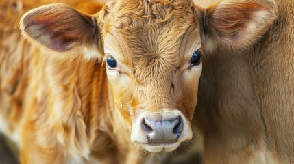 Calf standing beside its mother s udder Adorable young cow with large eyes Farm animal in a rural setting Horizontal image capturing the essence of a calf