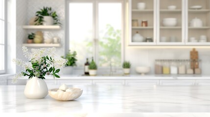 Fototapeta premium marble countertop and product display stand against kitchen interior background