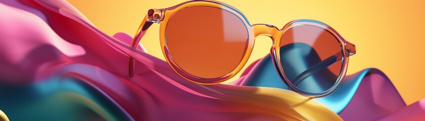 Stylish orange sunglasses resting on colorful, flowing fabric with bright and vibrant summer background.