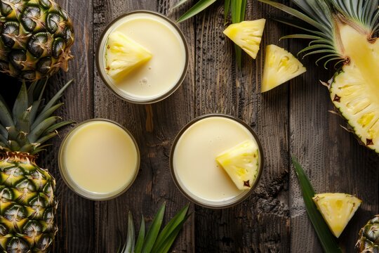 Two glasses with pineapple juice with milk and pineapple portions on wooden table with pineapples around. Top view.