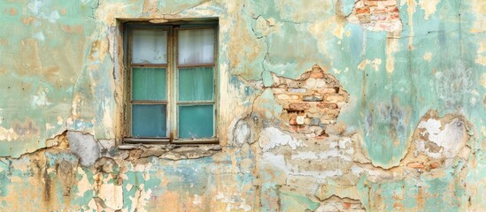 Old vintage windows on the broken peeled wall facade. . Copy space image. Place for adding text and design