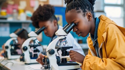A student inspects a sample under a microscope in class