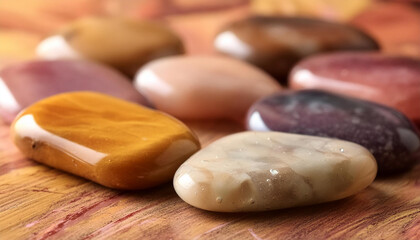 Fototapeta premium Smooth healing stones. Glossy gemstones. Esoteric spiritual practice. Feng Shui. Reiki therapy