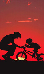 Obraz premium Parent teaching child to ride a bike outdoors. A young child learning to balance and pedal with the support of a parent. Perfect for family, parenting, outdoor activities, and childhood memories