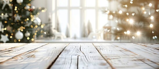 White wooden table of free space and christmas home interior. Copy space image. Place for adding text and design
