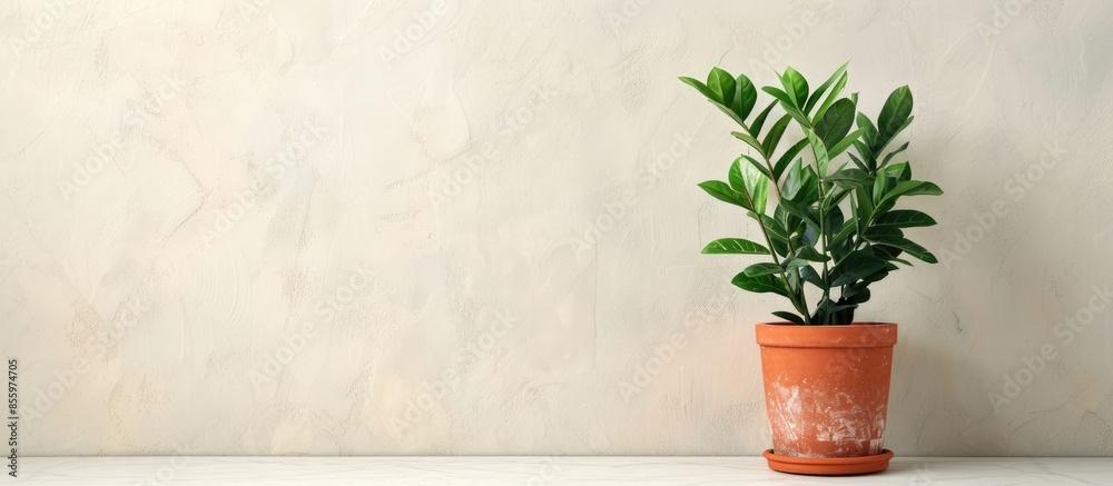 Poster The pot of a house plant Zamioculcas on a light background. Potted flower on the shelf. House plant. Copy space image. Place for adding text and design