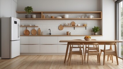 Interior home of comfortable kitchen with utensils on white wall copy space