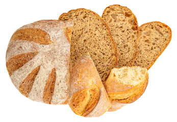 Freshly baked sourdough loaf of bread  isolated on white background. Rustic wholegrain bread close up