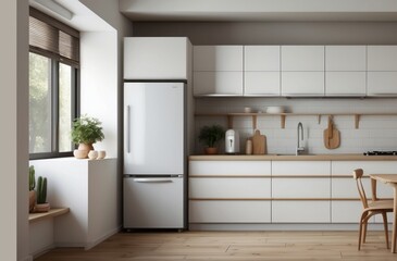 Interior home of comfortable kitchen with utensils on white wall copy space