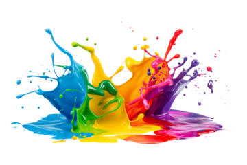 Colorful paint splash isolated on a PNG transparent background. Vibrant, dynamic paint splatter with various colors, perfect for design projects, digital art, and creative applications