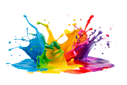 Colorful paint splash isolated on a PNG transparent background. Vibrant, dynamic paint splatter with various colors, perfect for design projects, digital art, and creative applications