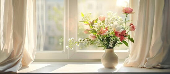 Vase with spring flowers on window sill. Copy space image. Place for adding text and design