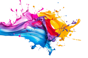 Colorful paint splash isolated on a PNG transparent background. Vibrant, dynamic paint splatter with various colors, perfect for design projects, digital art, and creative applications