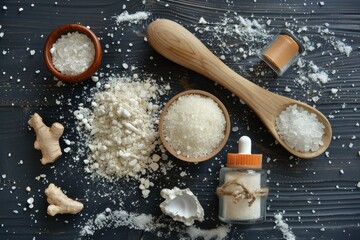 Wellness and massage products with sea salt detail. Products for body wellness. Top view. Horizontal composition.