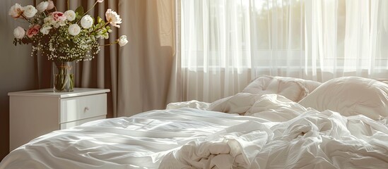 Comfortable white bed placed in bedroom with chest of drawer and bouquet of flowers in vase near windows in stylish apartment. Copy space image. Place for adding text and design