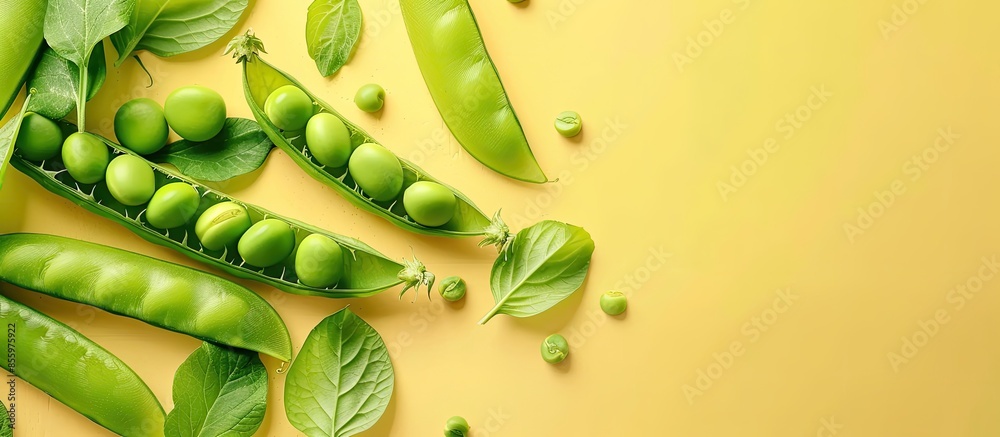 Sticker Green peas with pods Isolated on pastel background  Texture. Copy space image. Place for adding text and design