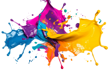 Colorful paint splash isolated on a PNG transparent background. Vibrant, dynamic paint splatter with various colors, perfect for design projects, digital art, and creative applications