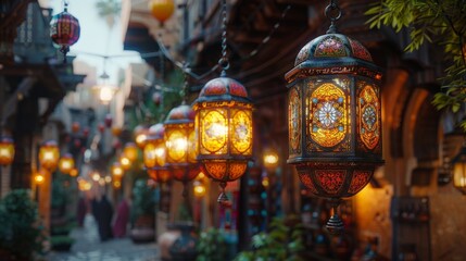 Fototapeta premium ethnic lamps hanging from the roof of the old city in the style of Arabic architecture