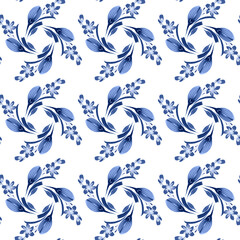 Floral seamless pattern from hand painted blue colored peony flower burgeons, periwinkles and leaves on a white background