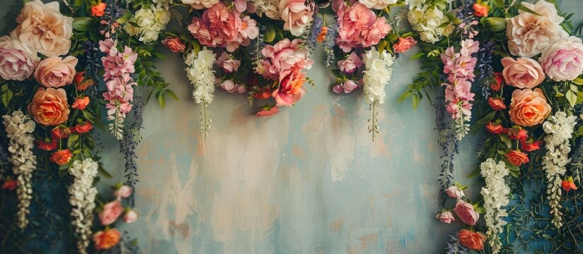 vintage photo backdrops wedding flower arrangements for photo shoots. Copy space image. Place for adding text and design